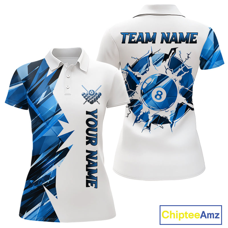 White billiard polo shirt with blue and black designs on front and back, featuring an 8 ball graphic, "Team Name" and "Your Name" text, custom pool team jersey design
