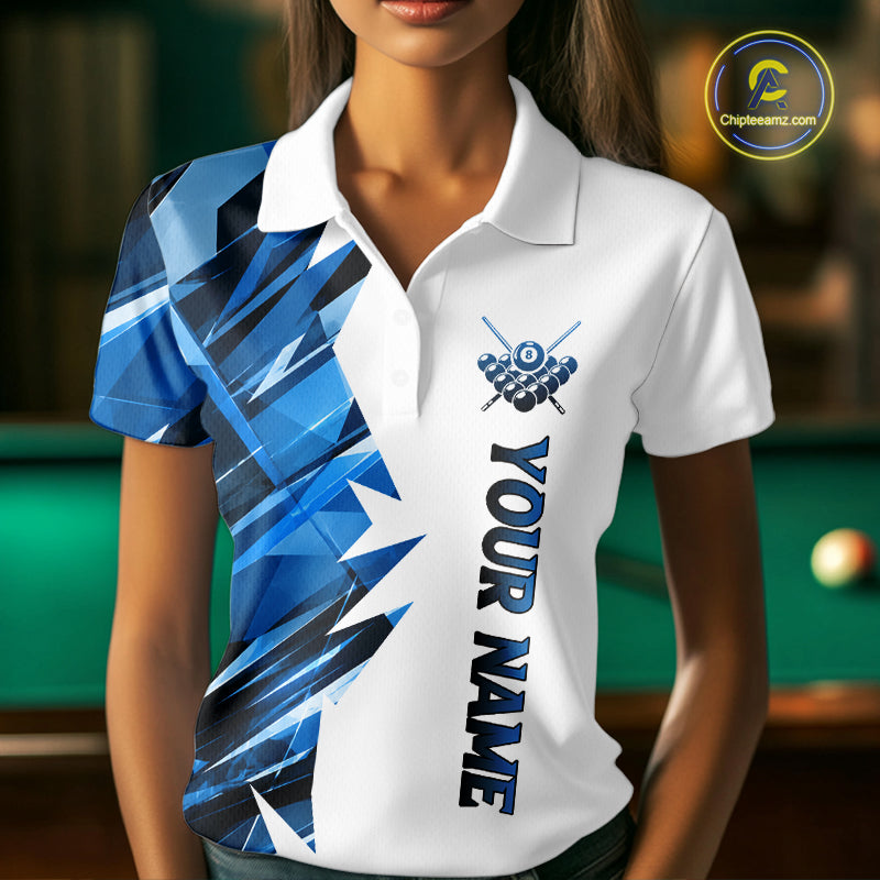 Custom Blue And White 8 Ball Pool Billiard Jersey For Women, Billiard Team Shirts Polo & 1/4 Zip TDM6609