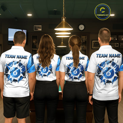 Custom Blue And White 8 Ball Pool Billiard Jersey For Men, Billiard Team Shirts Polo & 1/4 Zip TDM6609