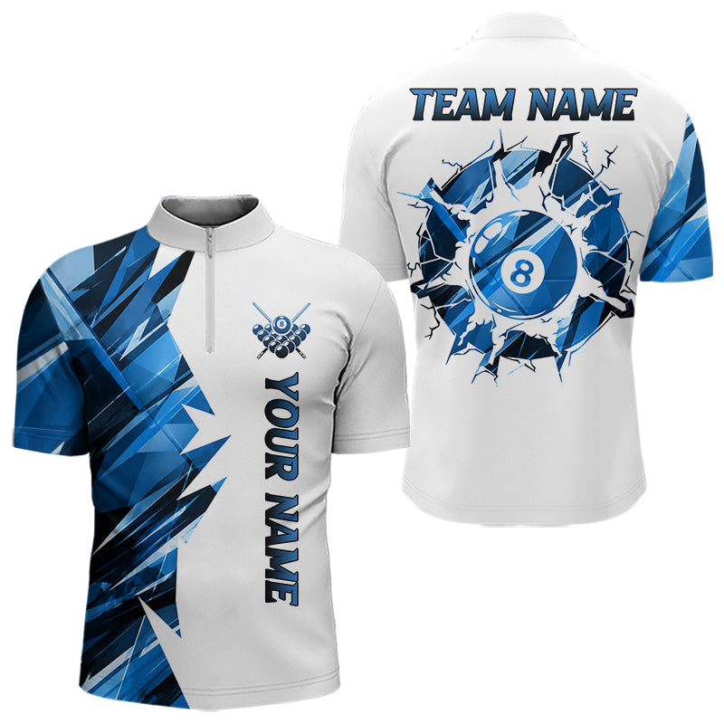 White billiard quarter zip shirt with blue and black designs on front and back, featuring an 8 ball graphic, "Team Name" and "Your Name" text, custom pool team jersey design