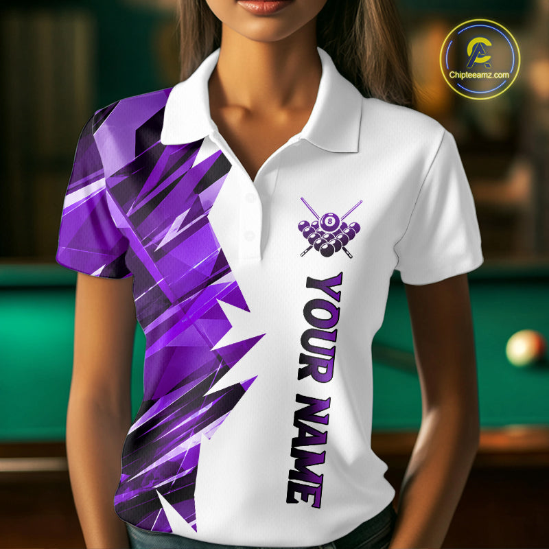 Custom Purple And White 8 Ball Pool Billiard Jersey For Women, Billiard Team Shirts Polo & 1/4 Zip TDM6610