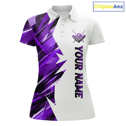 White billiard polo shirt with purple and black designs on front and back, featuring an 8 ball graphic, "Team Name" and "Your Name" text, custom pool team jersey design
