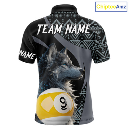 Customizable billiard polo shirt with wolf design and pool ball elements 