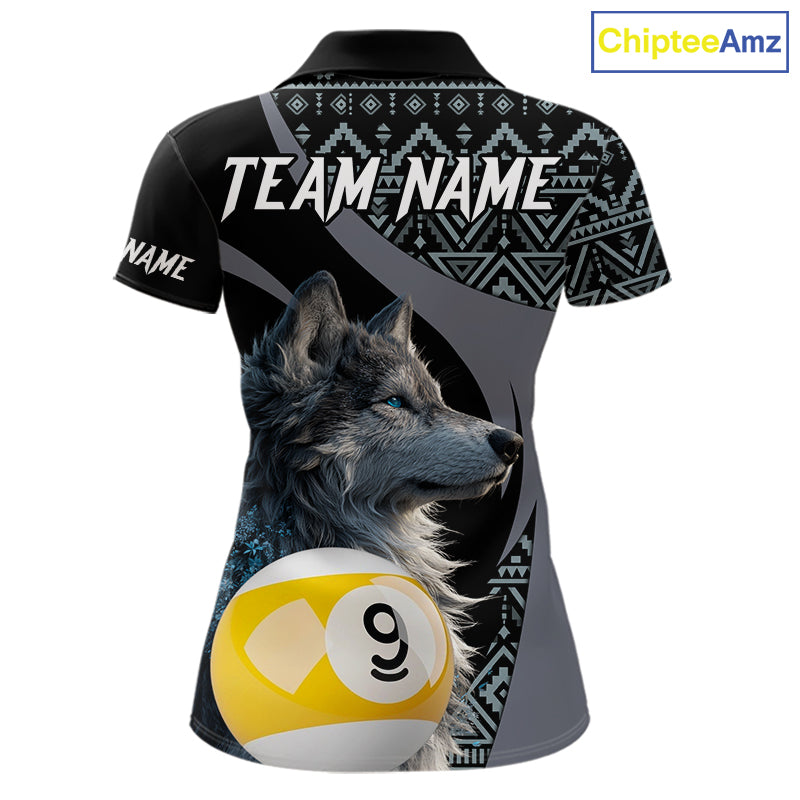 Customizable billiard polo shirt with wolf design and pool ball elements 