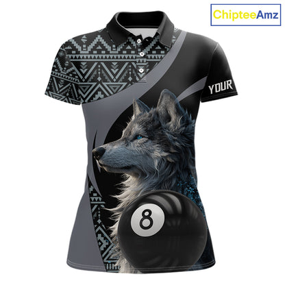 Customizable billiard polo shirt with wolf design and pool ball elements 