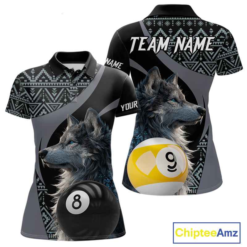 Customizable billiard polo shirt with wolf design and pool ball elements 