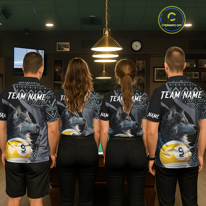 Four people wearing matching jerseys with a wolf and pool ball design in a bar setting.
