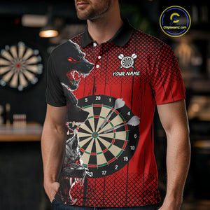 Personalized Red Grunge Wolf Darts Shirt For Men Custom Funny Darts Jersey Team Polo & 1/4 Zip TDM4672