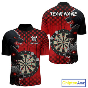 Personalized Red Grunge Wolf Darts Shirt For Men Custom Funny Darts Jersey Team Polo & 1/4 Zip TDM4672