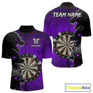 Personalized Purple Grunge Wolf Darts Shirt For Men Custom Funny Darts Jersey Team Polo & 1/4 Zip TDM4673