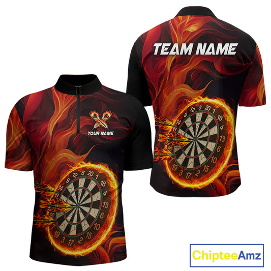 Red Flaming Dartboard Shirt For Men Custom Fire Darts Jersey Polo & Quarter Zip Team Uniform TDM4675
