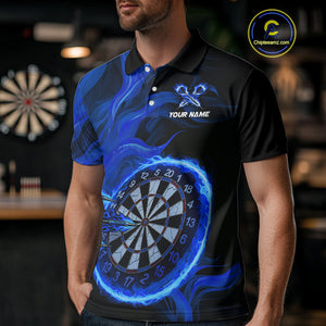 Blue Flaming Dartboard Shirt For Men Custom Fire Darts Jersey Polo & Quarter Zip Team Uniform TDM4676