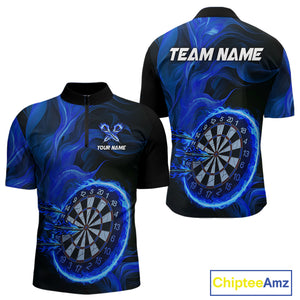Blue Flaming Dartboard Shirt For Men Custom Fire Darts Jersey Polo & Quarter Zip Team Uniform TDM4676