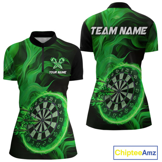 Green Flaming Dartboard Shirt For Women Custom Fire Darts Jersey Polo & Quarter Zip Team Uniform TDM4677