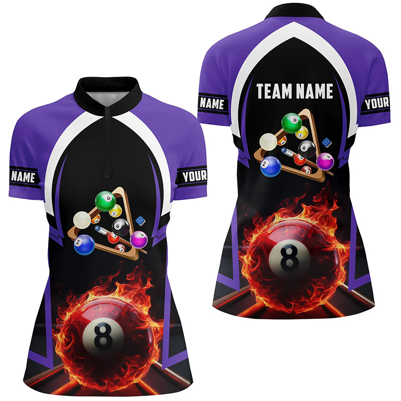 8 Ball Pool Fire 3D Personalized Purple Billiard Jerseys Quarter-Zip Shirts For Women TDM0431