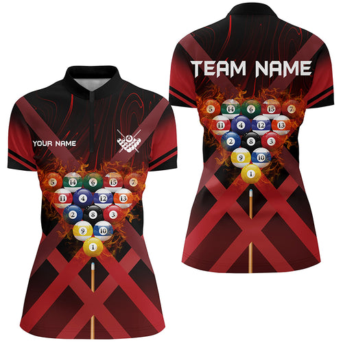 Personalized Red X-Shaped Billiard Flame 3D Women Quarter-Zip Shirts Custom Billiard Attire TDM0435