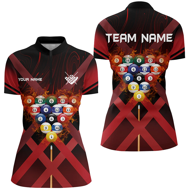 Personalized Red X-Shaped Billiard Flame 3D Women Quarter-Zip Shirts Custom Billiard Attire TDM0435