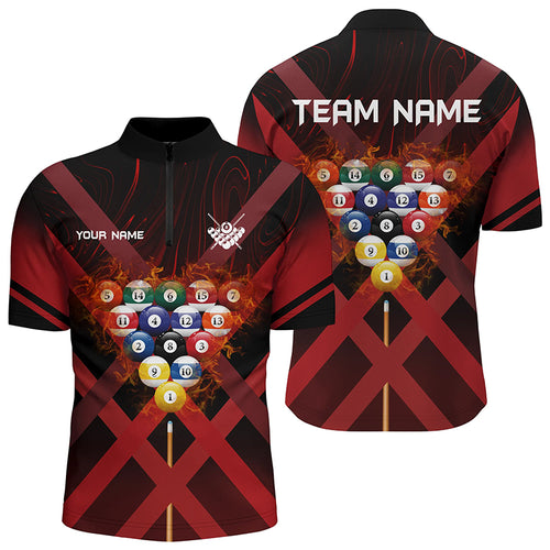 Personalized Red X-Shaped Billiard Flame 3D Men Quarter-Zip Shirts Custom Billiard Attire TDM0435