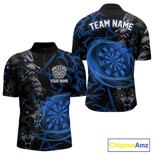 Personalized Wolf Dart Shirts For Men Custom Lights Dartboard Darts Team Jerseys |Blue TDM5095