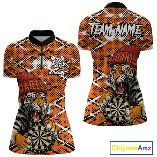 Personalized Orange Black Grunge Tiger Darts Shirt For Women Custom Darts Team Jersey Polo & 1/4 Zip TDM5099