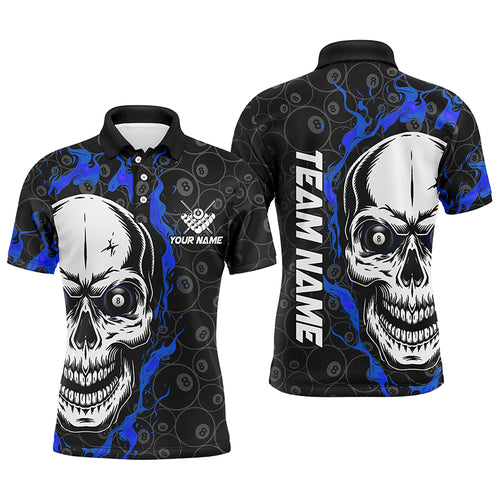 Personalized Blue Flame Skull Billiard Polo Shirts For Men Custom Team Name Billiard Jerseys TDM0629