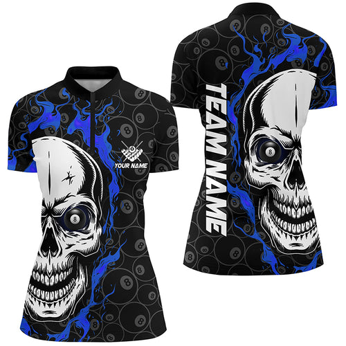 Personalized Blue Flame Skull Billiard Women Quarter-Zip Shirts Custom Name Billiard Jerseys TDM0629