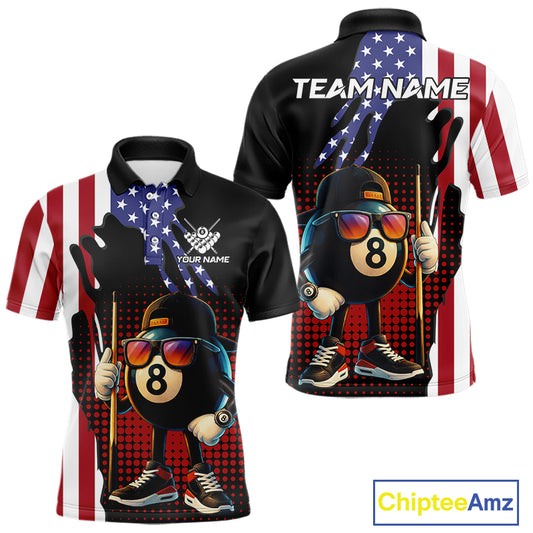American Flag Funny 8 Ball Pool Billiard Shirt For Men Custom Patriotic Billiard Team Jersey TDM5576
