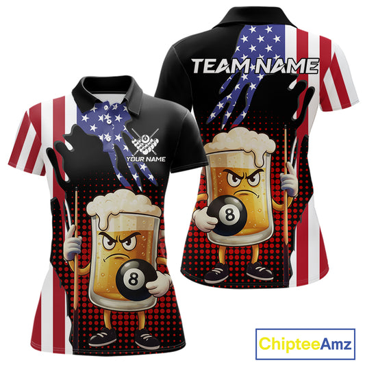 American Flag Funny Beer 8 Ball Billiard Shirt For Women Custom Patriotic Pool Team Jersey TDM5577