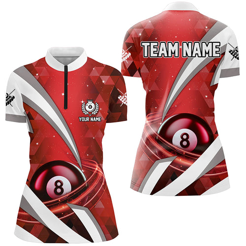 Customized Lightning Red 8 Ball Pool Women Quarter-Zip Shirts, Billiard Team Jerseys Attire TDM1331