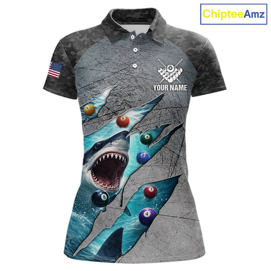Personalized Funny Shark Billiard Shirt For Women, 8 Ball Pool Team Jersey Polo & 1/4 Zip Shirt TDM6202