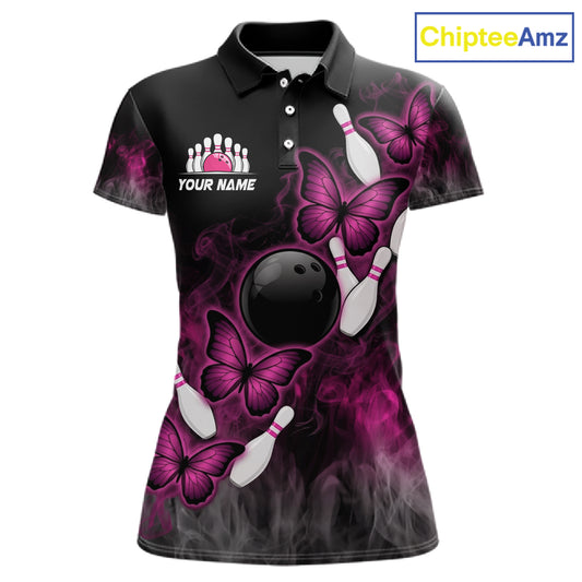Pink Black Custom Butterfly Bowling Shirt For Women, Smoke Bowling Team Jersey Polo & 1/4 Zip Shirt TDM6423