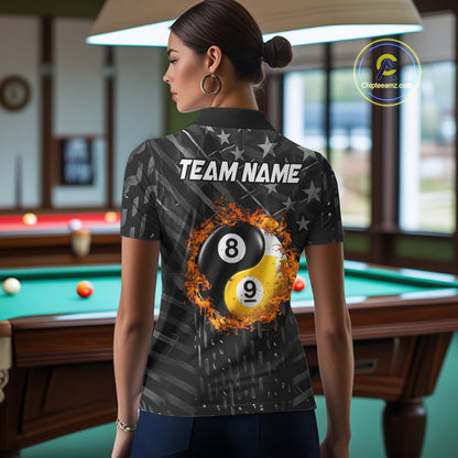 Woman wearing a black billiard shirt with a 8 ball and 9 ball pool ball design and 'Team Name' text in a bar setting.