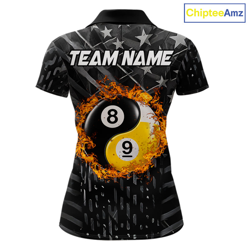 Black billiard polo shirt for women with distressed silver star background, featuring a flaming yin-yang 8-ball and 9-ball graphic on the back, customizable "Team Name" text, and personalized "Your Name" detail on the front chest.