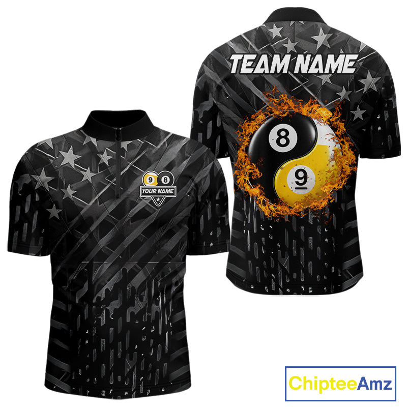 Black billiard quarter zip shirt for men with distressed silver star background, featuring a flaming yin-yang 8-ball and 9-ball graphic on the back, customizable "Team Name" text, and personalized "Your Name" detail on the front chest.