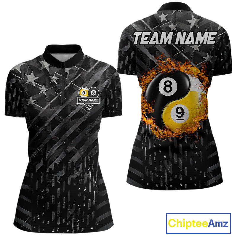 Black billiard quarter zip shirt for women with distressed silver star background, featuring a flaming yin-yang 8-ball and 9-ball graphic on the back, customizable "Team Name" text, and personalized "Your Name" detail on the front chest.