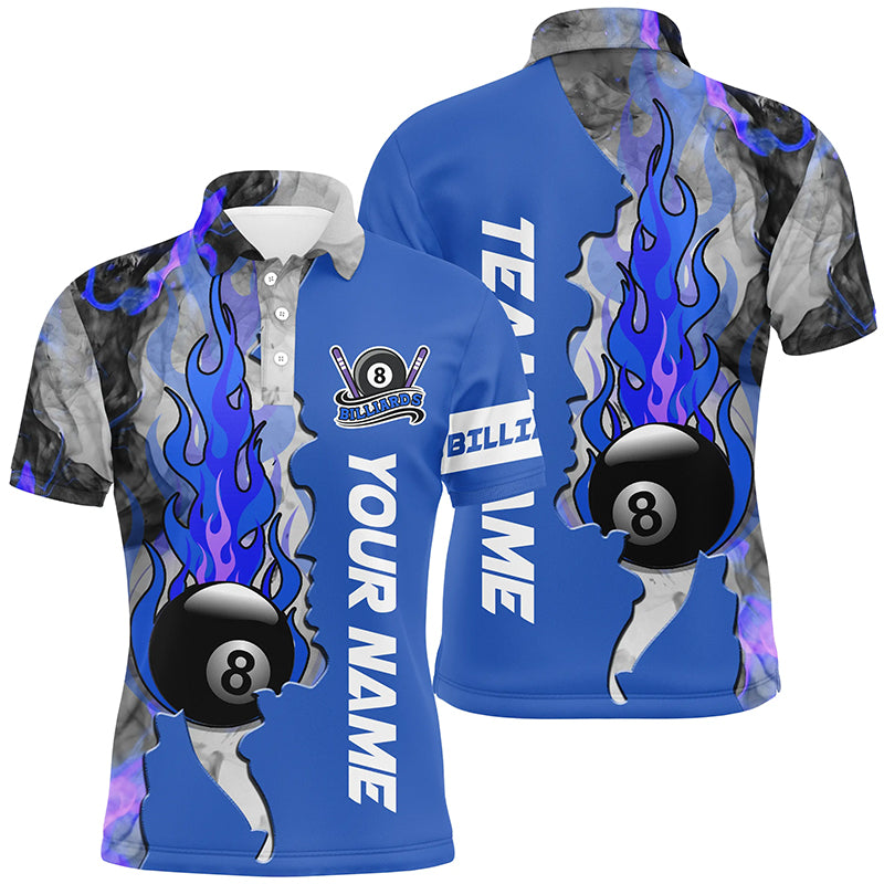 Personalized 8 Ball Fire Smoke Billiard Men's Shirts Blue Version Custom Pool Team Polo Shirts TDM0441