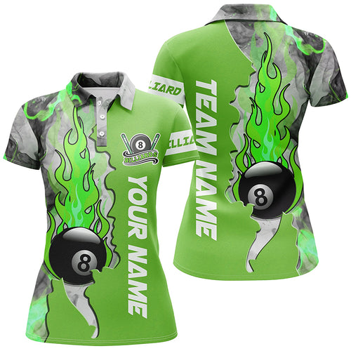 Personalized 8 Ball Fire Smoke Billiard Women's Shirts Green Version Custom Pool Team Polo Shirts TDM0442