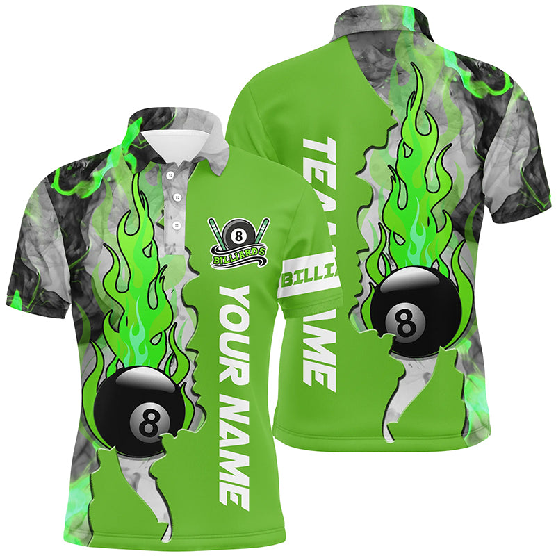 Personalized 8 Ball Fire Smoke Billiard Men's Shirts Green Version Custom Pool Team Polo Shirts TDM0442