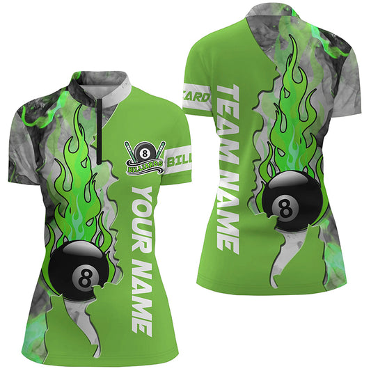 Customized 8 Ball Fire Smoke Green Billiard Women Quarter-Zip Shirts Custom Billiard Attire TDM0442