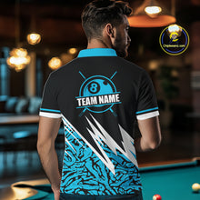 Load image into Gallery viewer, Personalized 8 Ball Billiard Jersey For Men Custom Black &amp; Cyan Blue Pool Team Shirt Polo, 1/4 Zip TDM5107