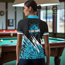 Load image into Gallery viewer, Personalized 8 Ball Billiard Jersey For Women Custom Black &amp; Cyan Blue Pool Team Shirt Polo, 1/4 Zip TDM5107
