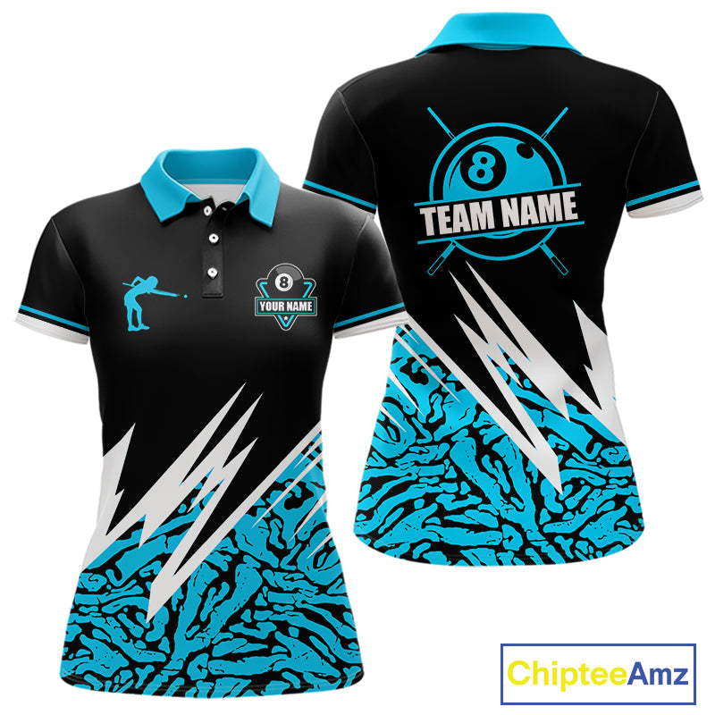 Personalized 8 Ball Billiard Jersey For Women Custom Black & Cyan Blue Pool Team Shirt Polo, 1/4 Zip TDM5107