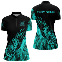 Load image into Gallery viewer, Black And Turquoise Fire Flame Darts Polo &amp; Quarter Zip Custom Dart Shirt For Women Dart Jerseys TDM3341