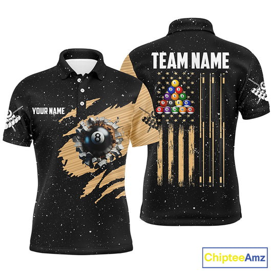 Customized Grunge American Flag 8 Ball Pool Men Billiard Polo Shirts, Patriotic Pool Player Shirts TDM0999