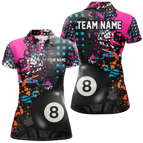 Personalized 8 Ball Pool Grunge Colorful Women Billiard Polo Shirts, Custom Billiards Pool Shirts TDM1004