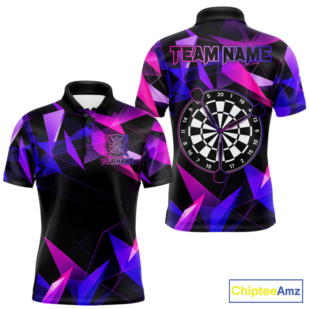 Pink and purple darts polo shirt with geometric design and dartboard, customizable name and team name