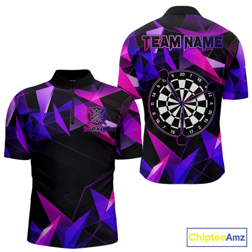 Pink and purple darts quarter zip shirt with geometric design and dartboard, customizable name and team name.