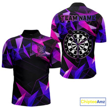 Load image into Gallery viewer, Pink and purple darts quarter zip shirt with geometric design and dartboard, customizable name and team name.