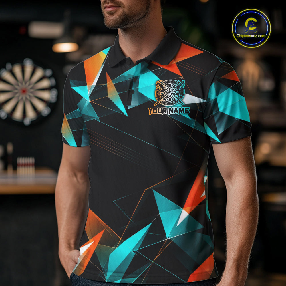 Custom Darts Shirts For Men, Orange And Turquoise Geometric Darts Team Jersey Polo & Quarter Zip TDM6629
