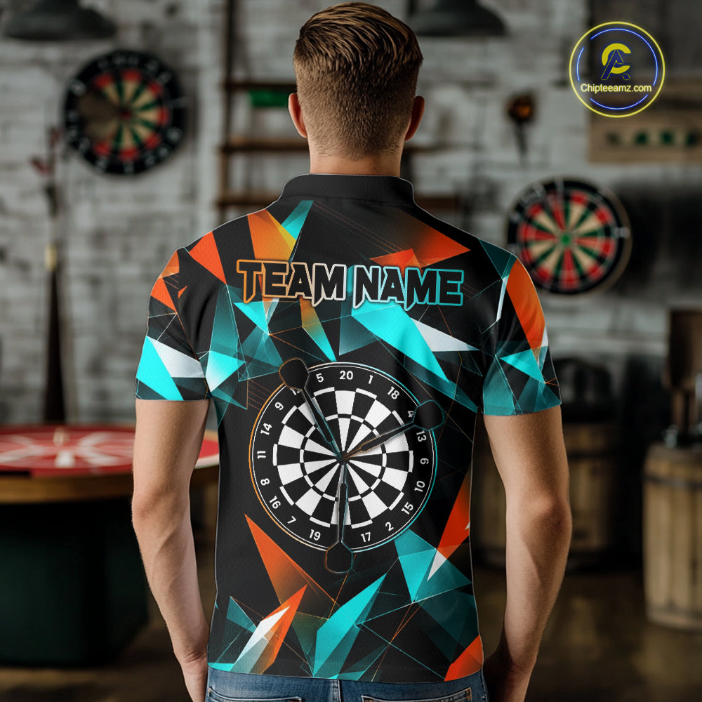 Custom Darts Shirts For Men, Orange And Turquoise Geometric Darts Team Jersey Polo & Quarter Zip TDM6629